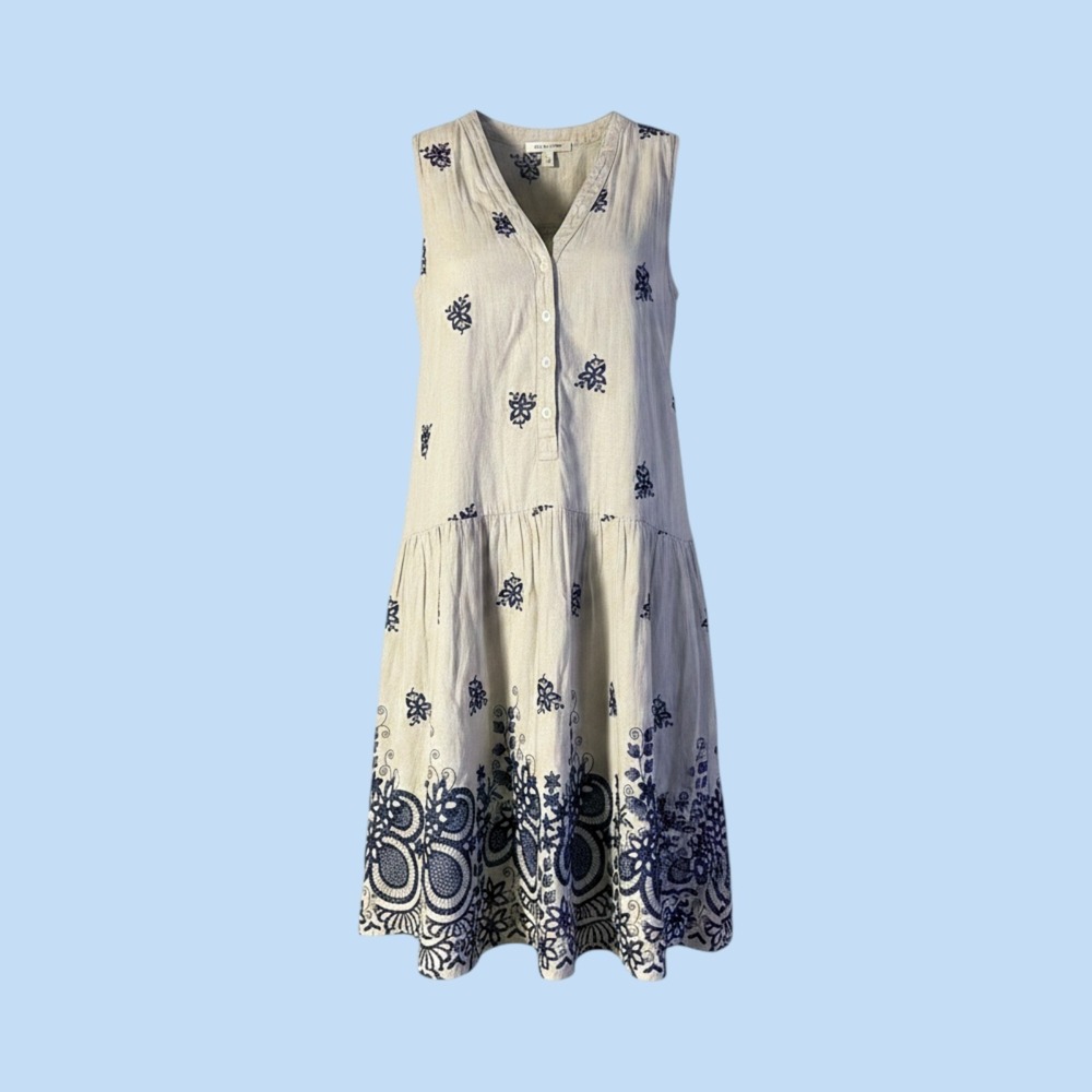 Embroidered Sleeveless Drop Waist Cotton Blend Mini Dress Grey Blue S